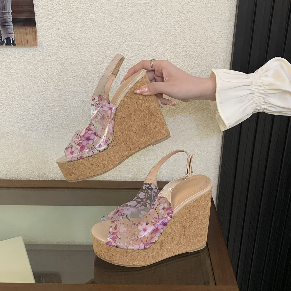 2026 new korean style transparent printed wedge sandals platform fish mouth women's shoes vacation style height increasing slides
