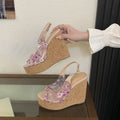 2026 new korean style transparent printed wedge sandals platform fish mouth women's shoes vacation style height increasing slides