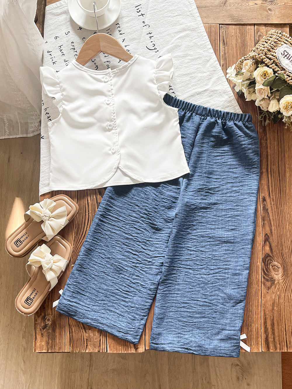 new cross-border summer children's clothing: european and american fashionable girls' floral top + refreshing wide-leg pants two-piece set