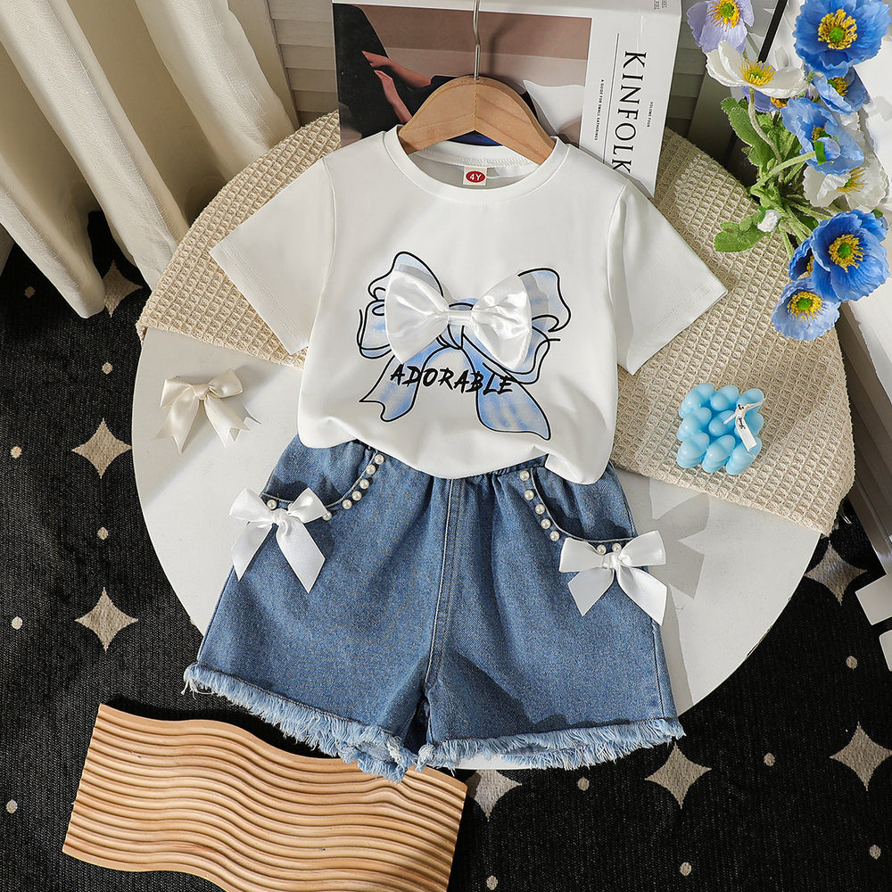 new cross-border girls' round neck printed knit top and denim beaded embroidered jeans two-piece set