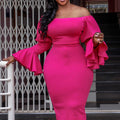 D3090plus size women's clothing   spring and summer bell sleeves hip-hugging tight fashion european and american dress