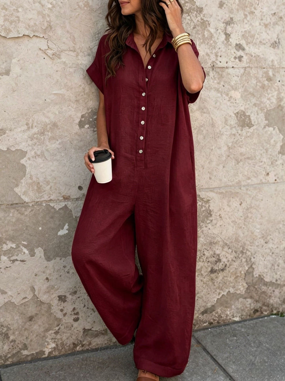 Independent station fashion cross-border  summercasualelegantwork clothingpure colorshirt button loose short-sleeved jumpsuit