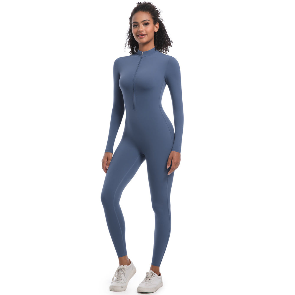 New arrival cross-border fashion half-open zipper tight pure color high elastic long yoga wear fitness running sports jumpsuit