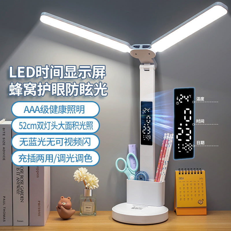 Source manufacturer smart clock double-headed eye protection desk lamp learning college student dormitory charging bedside lamp desk reading