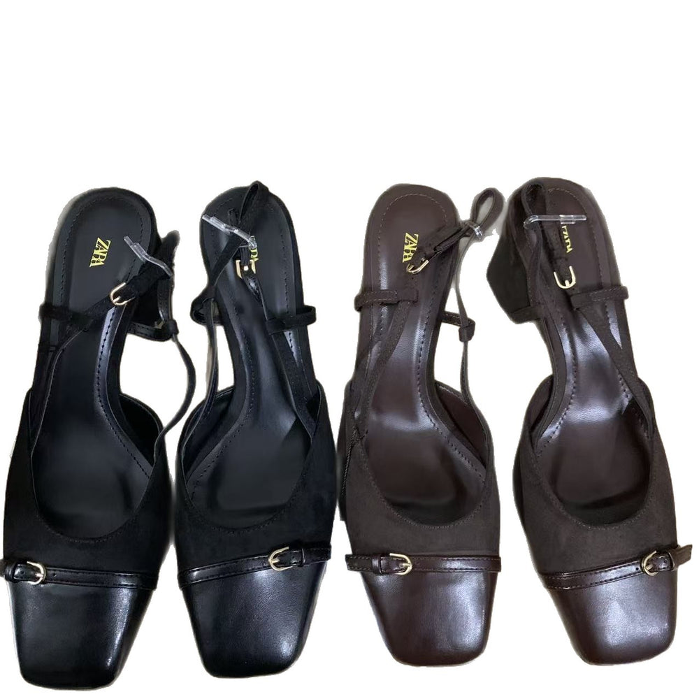 Za2025 spring/summer new women's shoes - black square toe open heel chunky heel high heel sandals with side cutout and single strap buckle