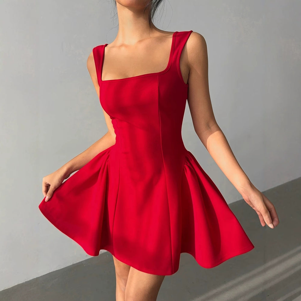 new  square neck sleeveless dress - women's slim fit red a-line mini dress for weddings