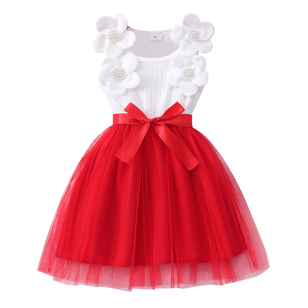 Girls' dress for toddlers and young children, pearl flower bow mesh dress