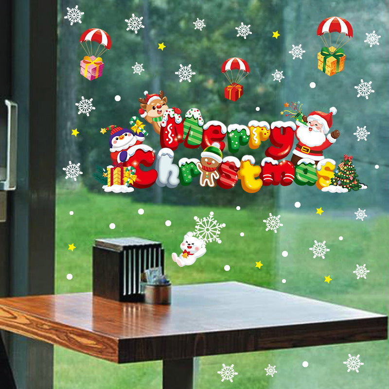 Christmas decoration glass door sticker shop window scene arrangement Santa Claus elk snowflake glue-free static sticker