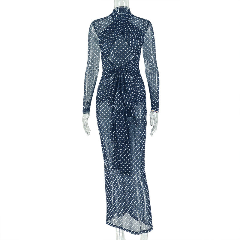 Fashion styleexport outdoor elegant women's fashion polka dot waist bag hip skirt high collar long sleeves travel tight dress