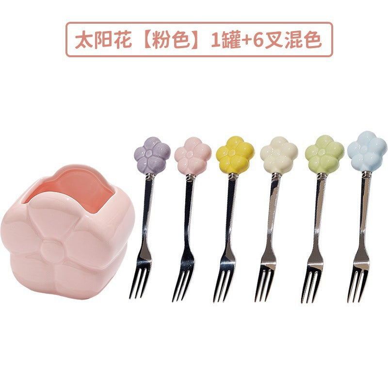 Creative sunflower stainless steel fruit fork desktop decoration ornament ceramic storage jar suit exquisite afternoon tea knife and fork