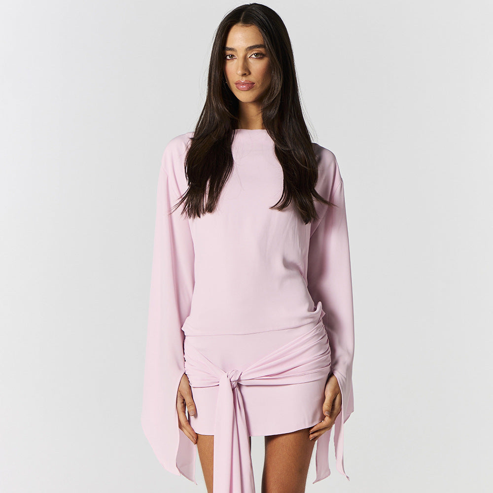 Aliexpress women's clothing  summer new fashion solid color swing neck loose long sleeve ribbon tie-up backless bodycon dress