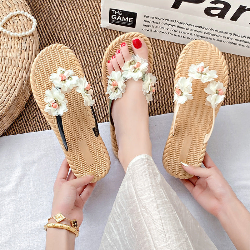 Floral flip-flops for women, summer outdoor wear, 2025 new style, beach & vacation, fairycore sandals, non-slip, wet-weather friendly