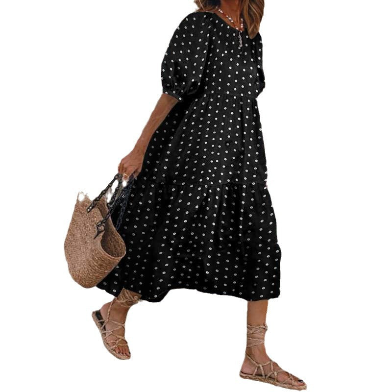 retrodress sundress puff sleeves polka dot printing summer casual plus size women's suit