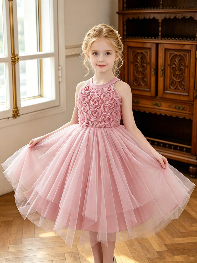 girls' dress irregular hem sleeveless halter neck 3d embroidered dance costume kids princess dress - in stock