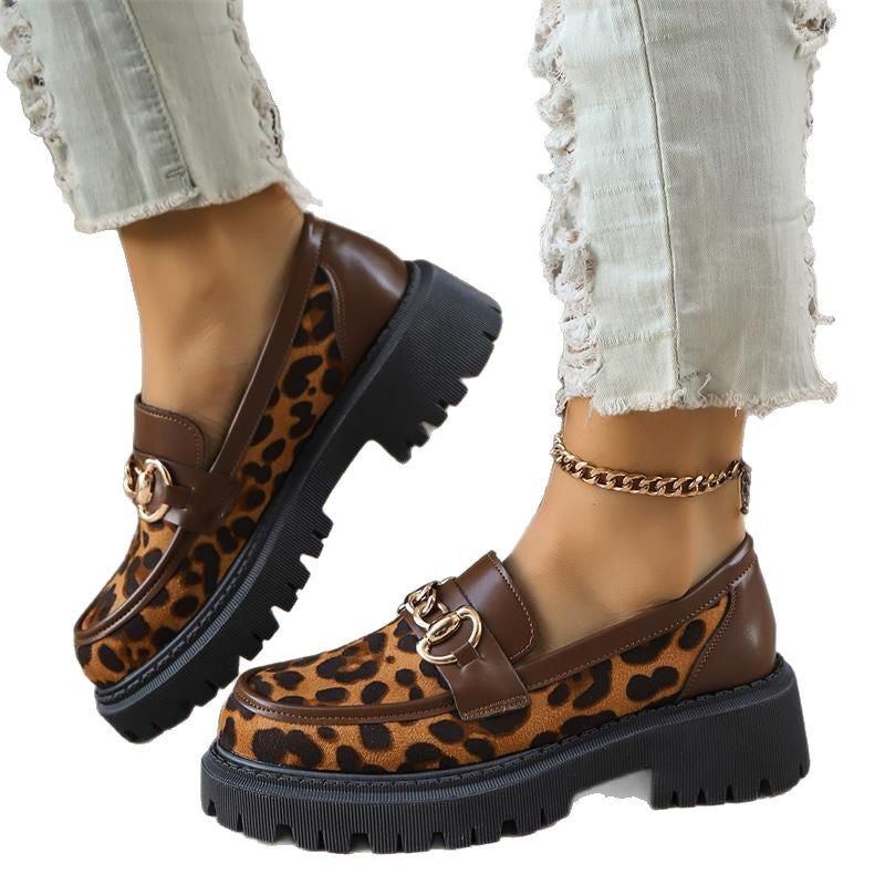 plus size slip-on leopard print loafers for women  spring & fall new arrivalthick soleflats british style small leather shoes for women