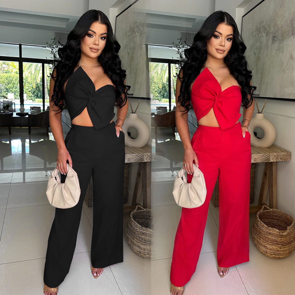 C7375 cross-border   fashion women's sexy bow casual pants two-piece set new