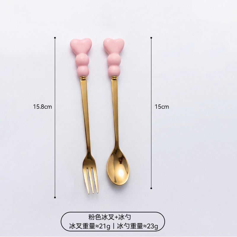 Wow, love handle dessert fork and spoon girl heart afternoon tea spoon high temperature resistant thickened ceramic handle fruit fork