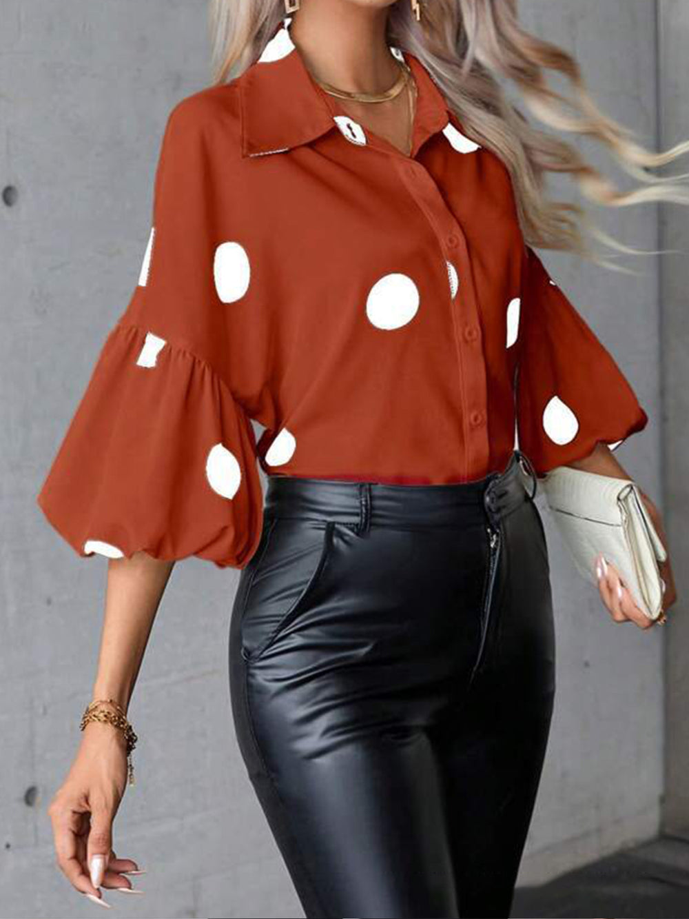 new women's french style blouse - spring chiffon polka dot five-point bubble sleeve fashionable elegant shirt
