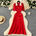 French style retro color block turn-down collar short sleeve single-breasted cinched waist inner layer knit dress - women's long knit dress