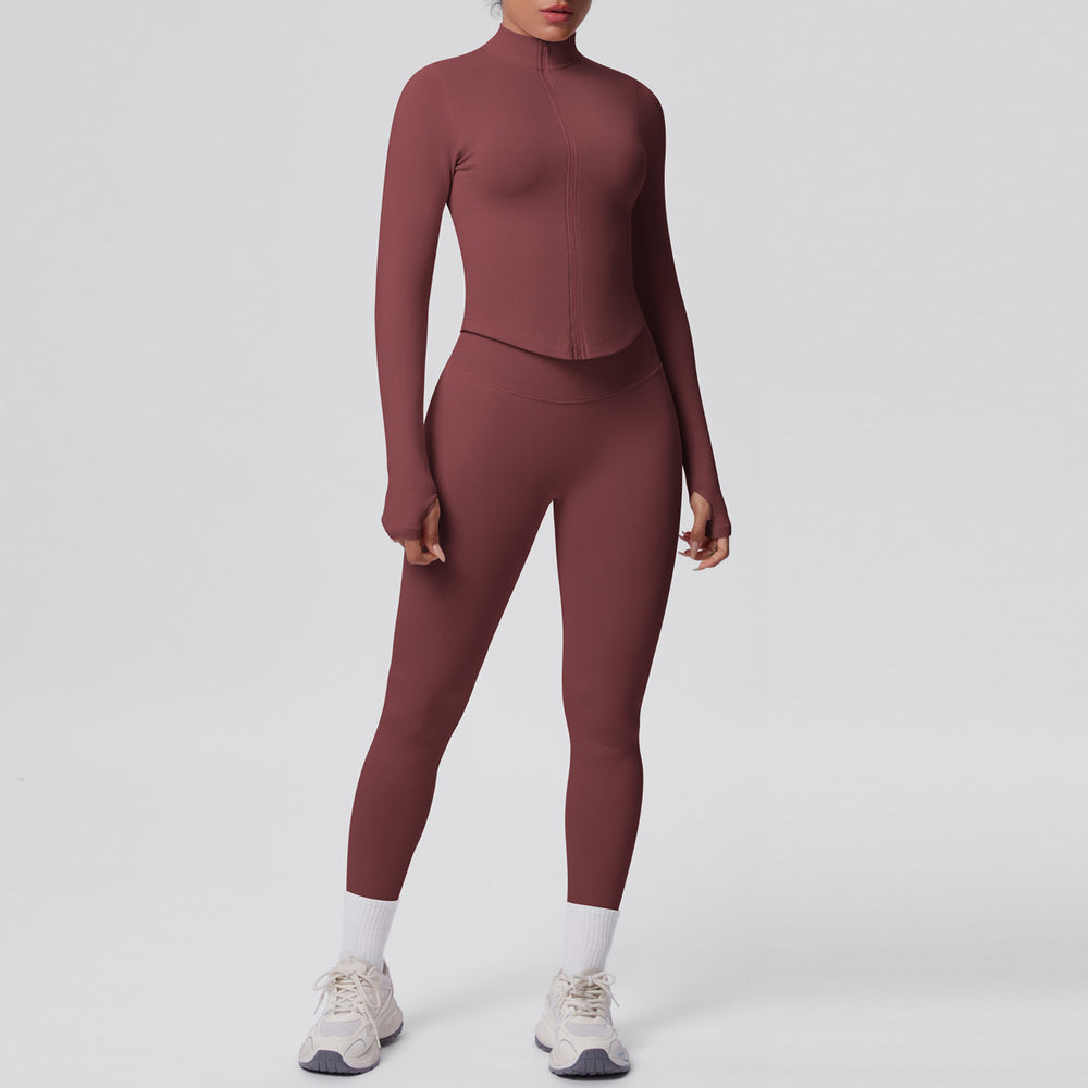seamless pure color tight high elastic breathable zipper nine-point sports suit running fitness yoga suit two-piece set