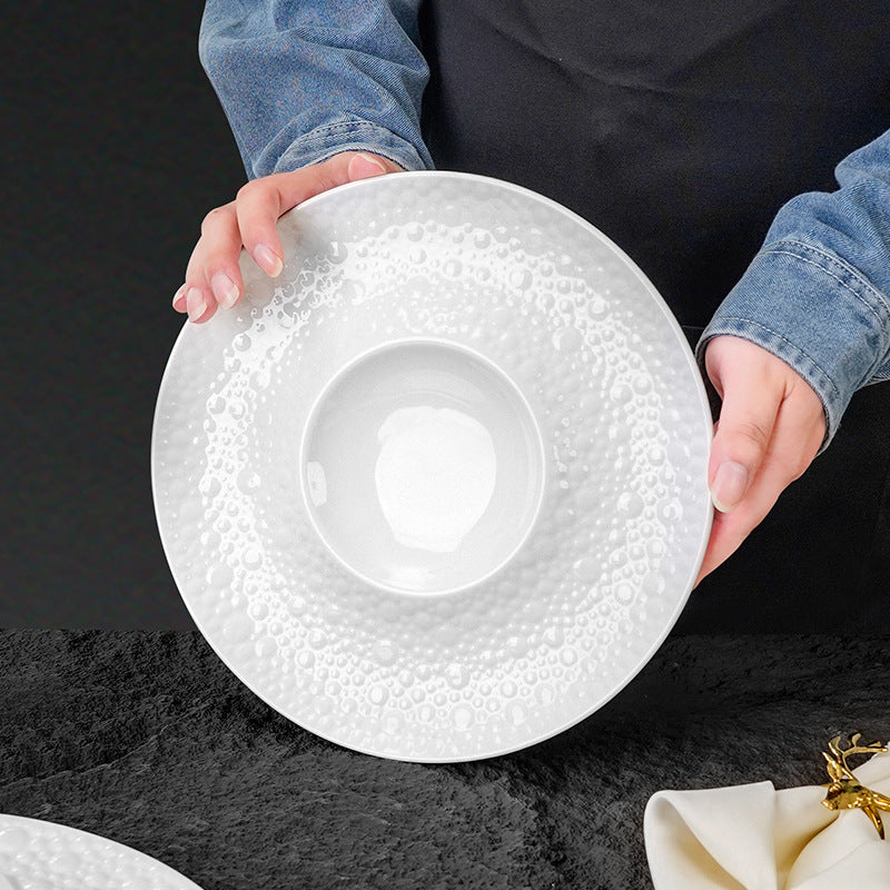 Modern minimalist white ceramic plate - embossed creative design for restaurant, hotel, and home use - premium, unique serving dish