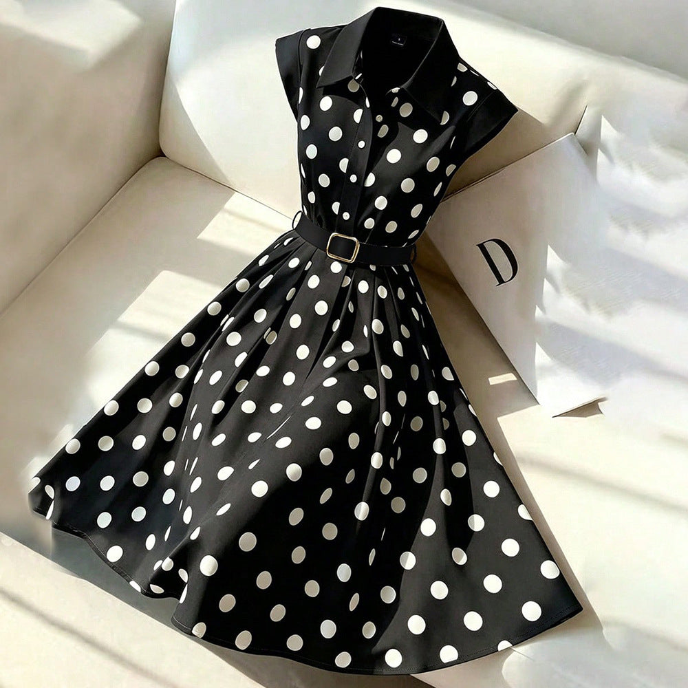 european and american cross-border polka dot lapel sleeveless dress waist large hem with belt elegant mid-length skirt foreign trade
