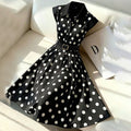 european and american cross-border polka dot lapel sleeveless dress waist large hem with belt elegant mid-length skirt foreign trade
