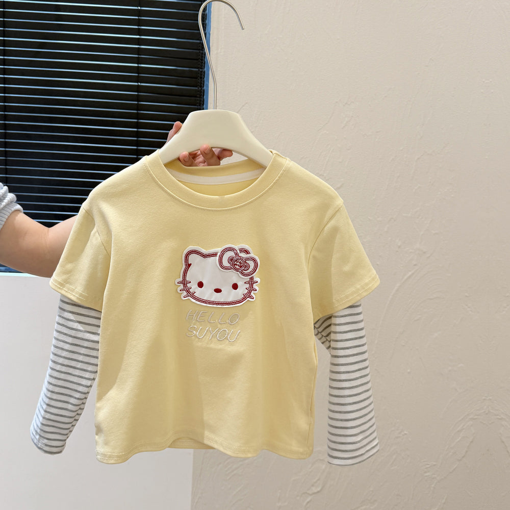 New spring girls' cartoon striped patchwork base layer t-shirt, korean style top for baby girls, trendy children's clothing
