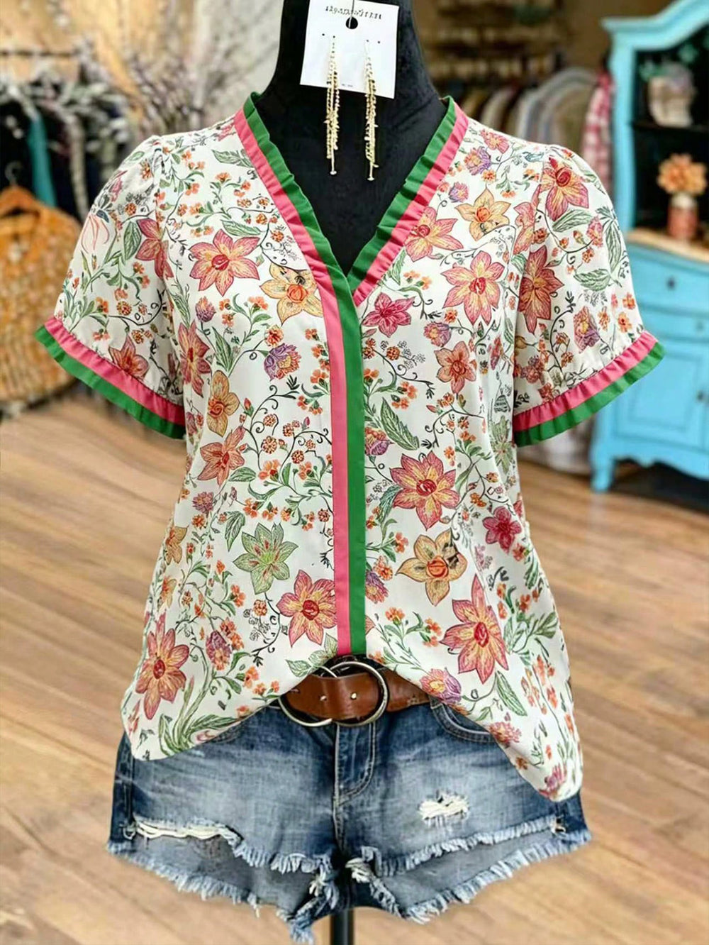 fashion  summer new arrivalcontrast color fungus v neckfloralsprintingtopscasual short sleeve shirt