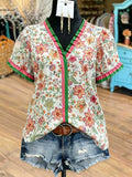 fashion  summer new arrivalcontrast color fungus v neckfloralsprintingtopscasual short sleeve shirt