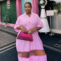 European and american cross-border women's fashion:  autumn new arrival - stylish turn-down collar pink striped double-breasted loose-fit shirt dress