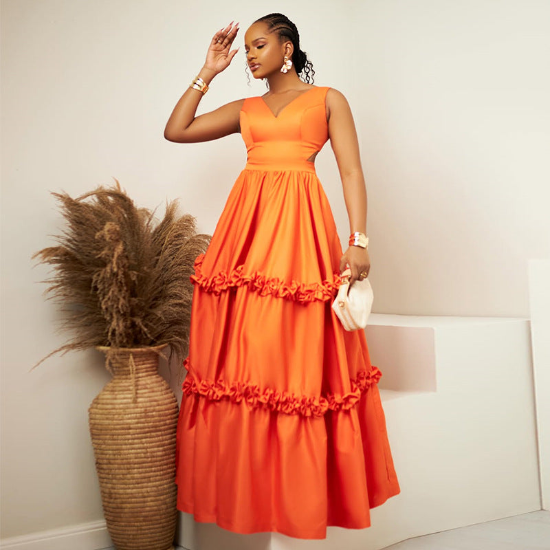 European and american cross-border women's fashion:  summer new arrival - elegant v-neck solid color ruffle trim high-waisted swing sleeveless dress