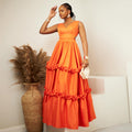 European and american cross-border women's fashion:  summer new arrival - elegant v-neck solid color ruffle trim high-waisted swing sleeveless dress