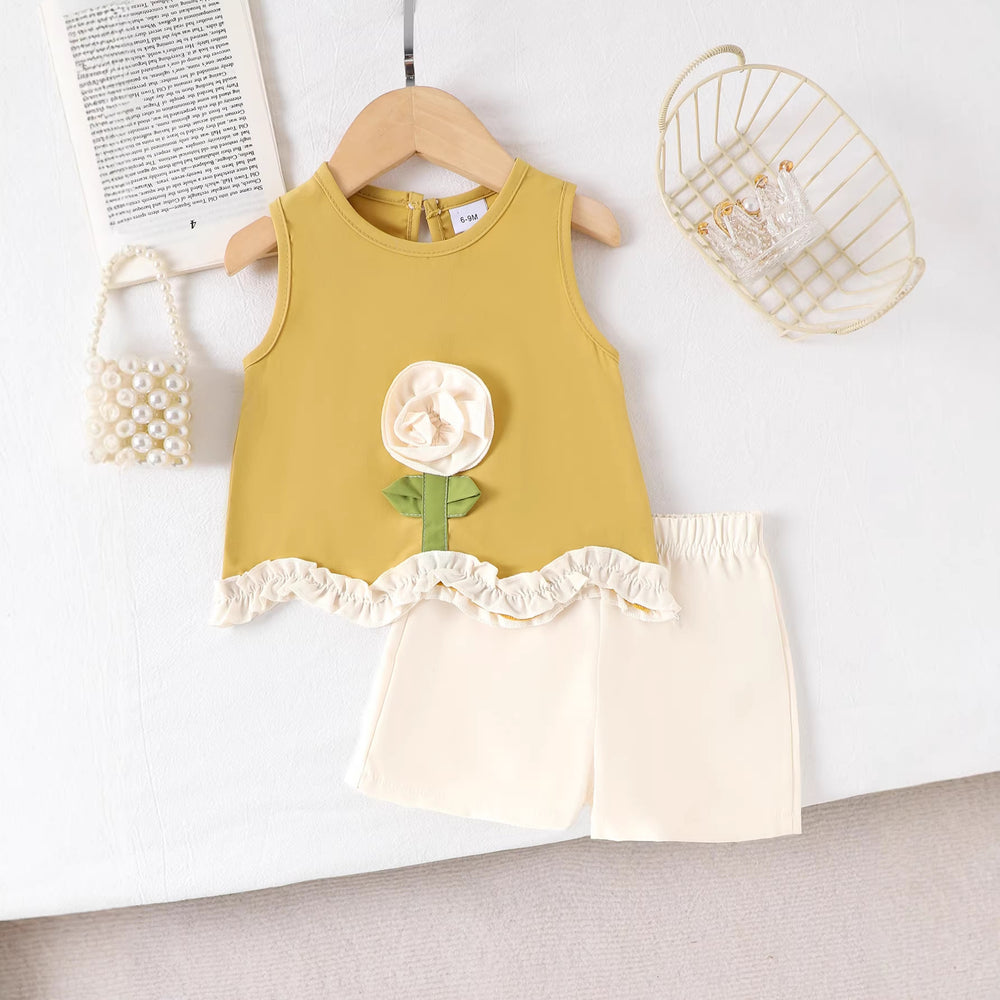 Girls'  summer new arrival: yellow 3d floral sleeveless high-end lace skirt and shorts two-piece set