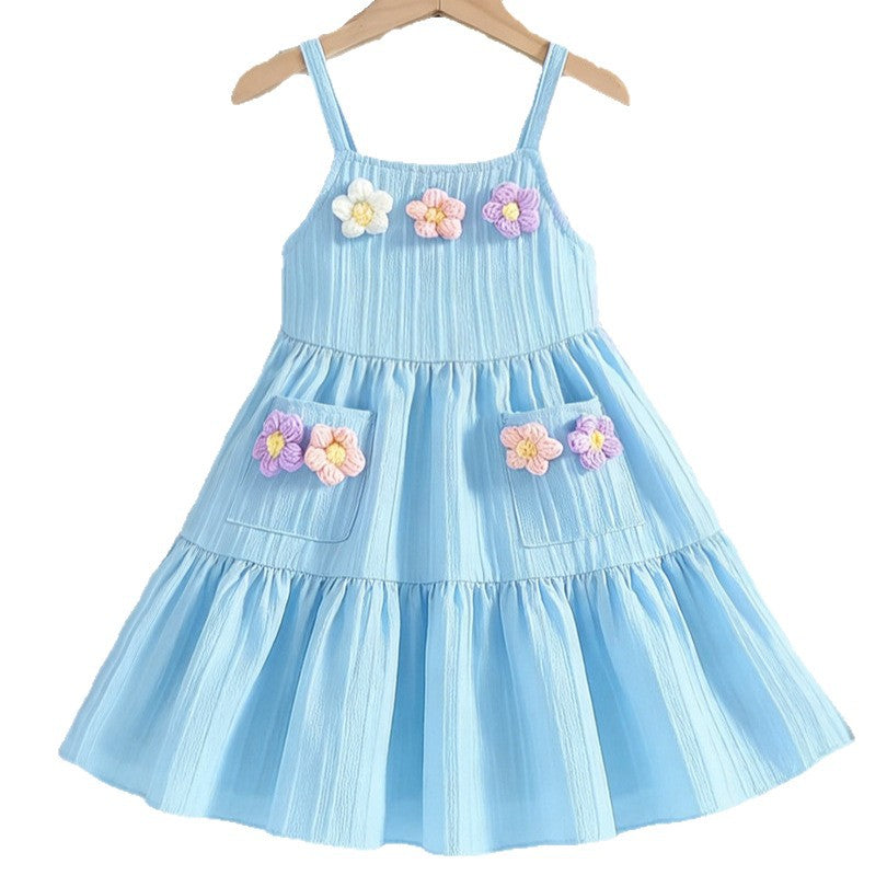 girl's suspender skirt multi-color texture fabric cake skirt stereo flower patchwork sky blue kidsdress