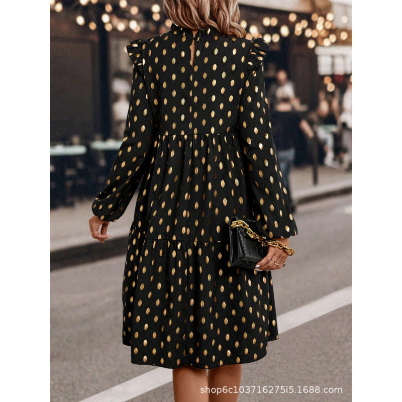 Women's  autumn new arrival v-neck long sleeve printed dot chiffon dress