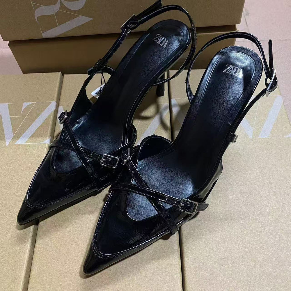 Za2024autum new women's shoes crimson cross buckle strap pointed toe high heel sandals british style mules shoes