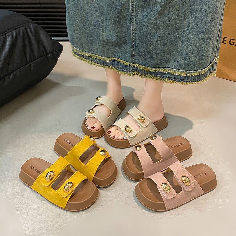 Summernew arrival round head gold bean buckle double strap fashioncasual style outwear women's slippers thick soleeasiest for matchpopular boken sandals