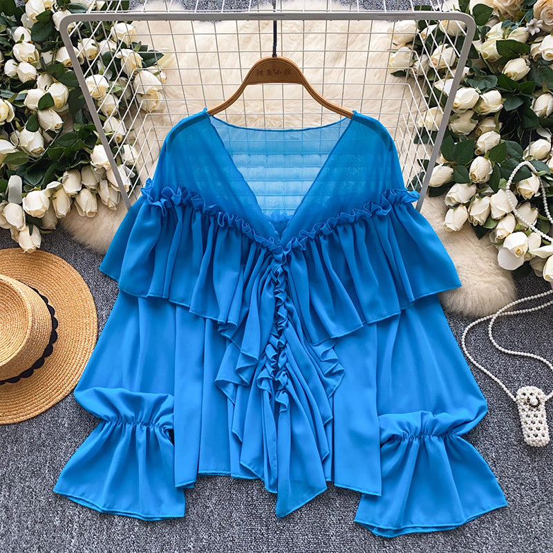 cross-border 2026 summer lazy style elegant socialite rufflespatchwork bell sleeve chiffon shirt loose shirt