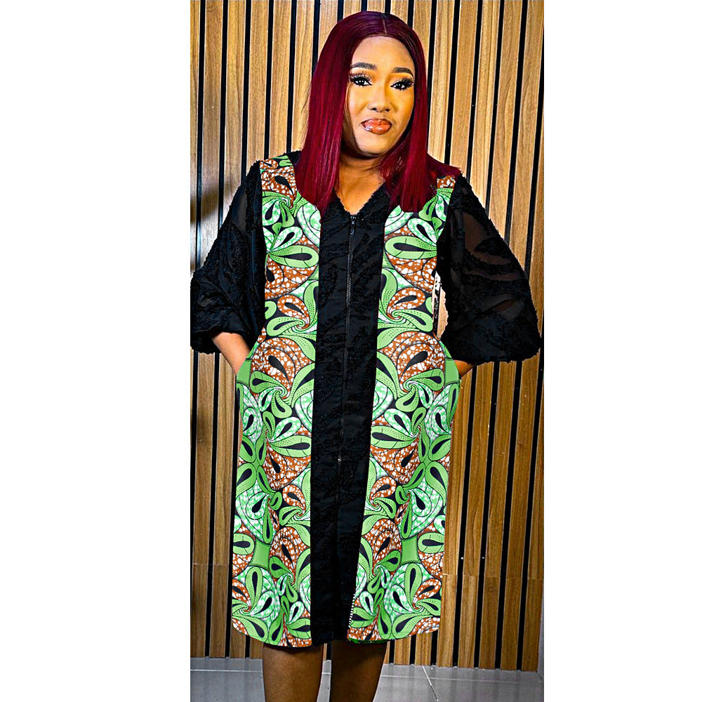 e-commerce   new zipper dress wax fabric with pockets african women's plus size skirt