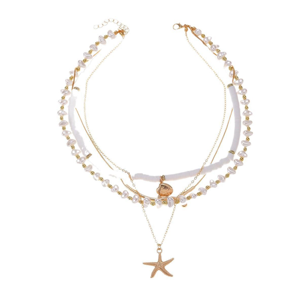 European and american cross-border summer beach soft clay imitation pearl beaded necklace niche irregular multi-layered starfish necklace