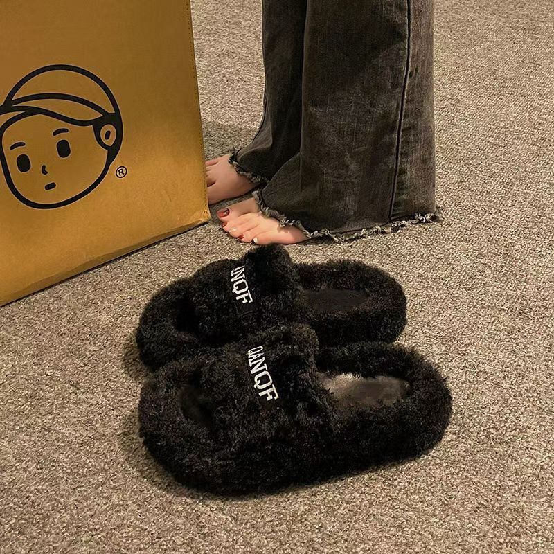 Celebrity style letter fur slippers thick soleoutwearfashioneasiest for match2024 autumn and winter new arrival women's home cotton slippers