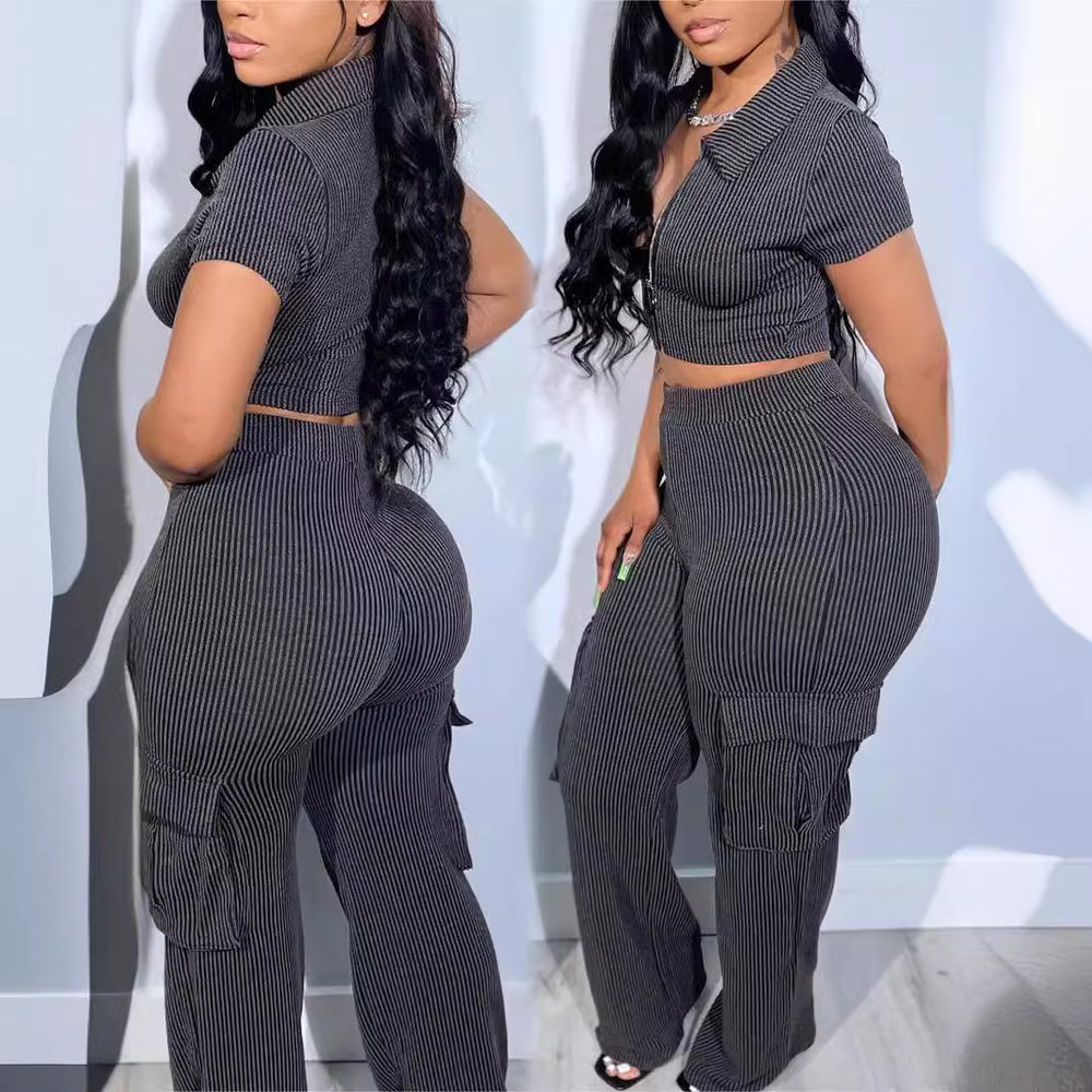 Zipper top & multi-pocket pants casual solid color two-piece set - autumn european & american fashion - new arrival for  & independent e-commerce stores