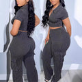Zipper top & multi-pocket pants casual solid color two-piece set - autumn european & american fashion - new arrival for  & independent e-commerce stores