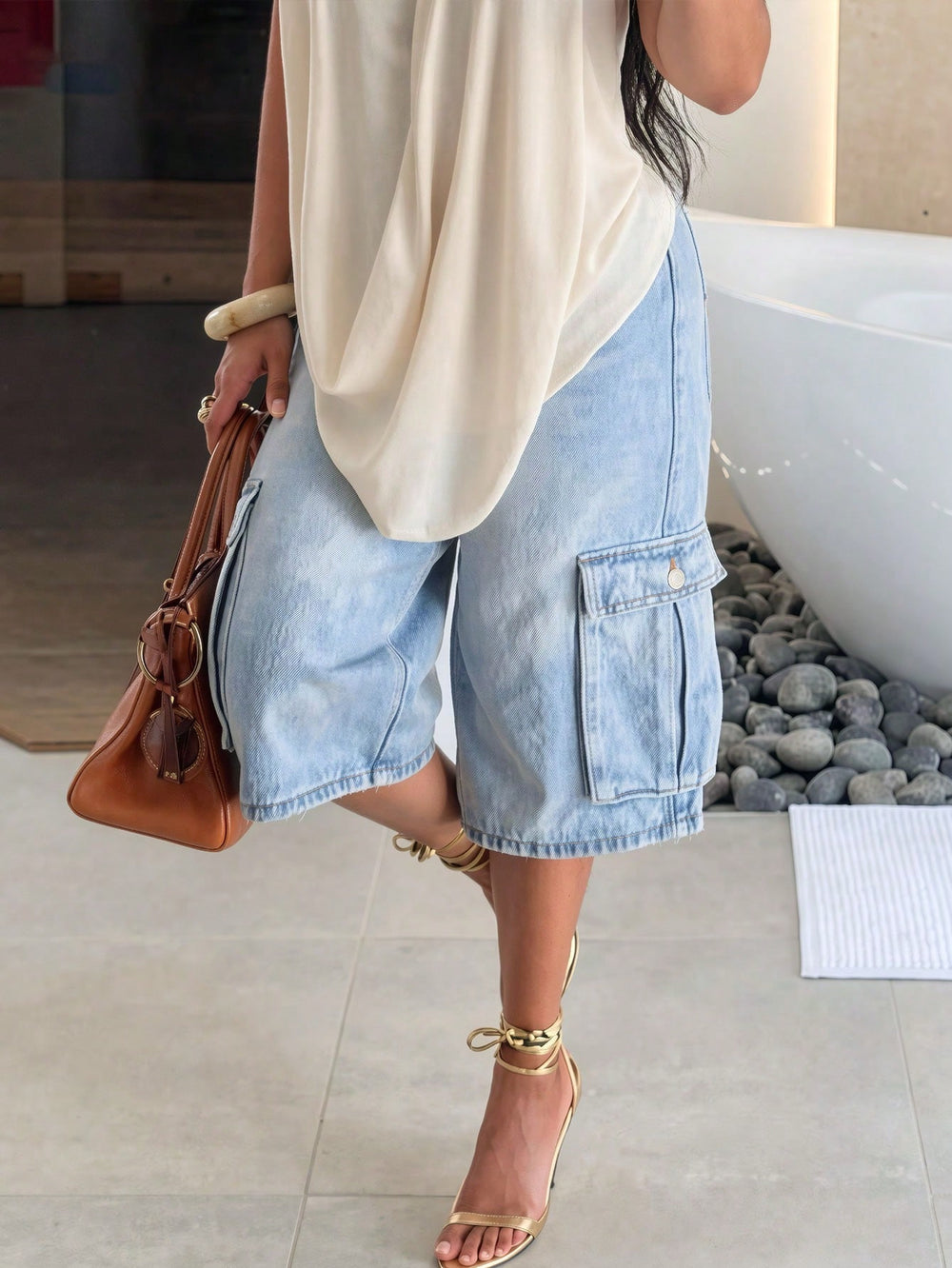 European and american style women's light blue pocket cargo wide-leg cropped jeans - drapey, commute-friendly, vacation-ready, trendy denim