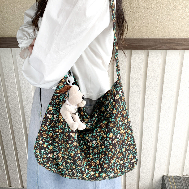 Cross-border new broken flower canvas bag messenger bag shopping bag fashion trend large capacity casual versatile women's shoulder bag