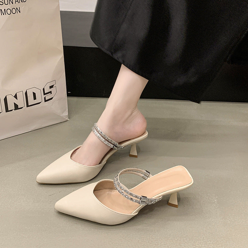 Baotou sandals women's mid-heeled two-wear slippers summeroutwear pointed toe stiletto rhinestone back hollow flats women 2025new arrival
