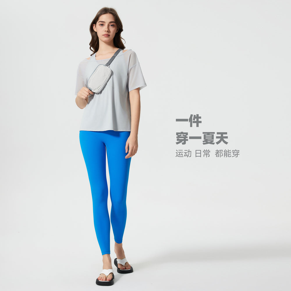 Women's loose-fit yoga top - short sleeve activewear t-shirt, running cover-up, faux two-piece design, quick-dry & breathable workout top d25040
