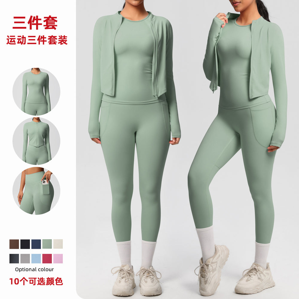 Cloud-soft slim-fit brushed nylon pocket pant set - quick-dry, breathable yoga, running, and fitness activewear three-piece set