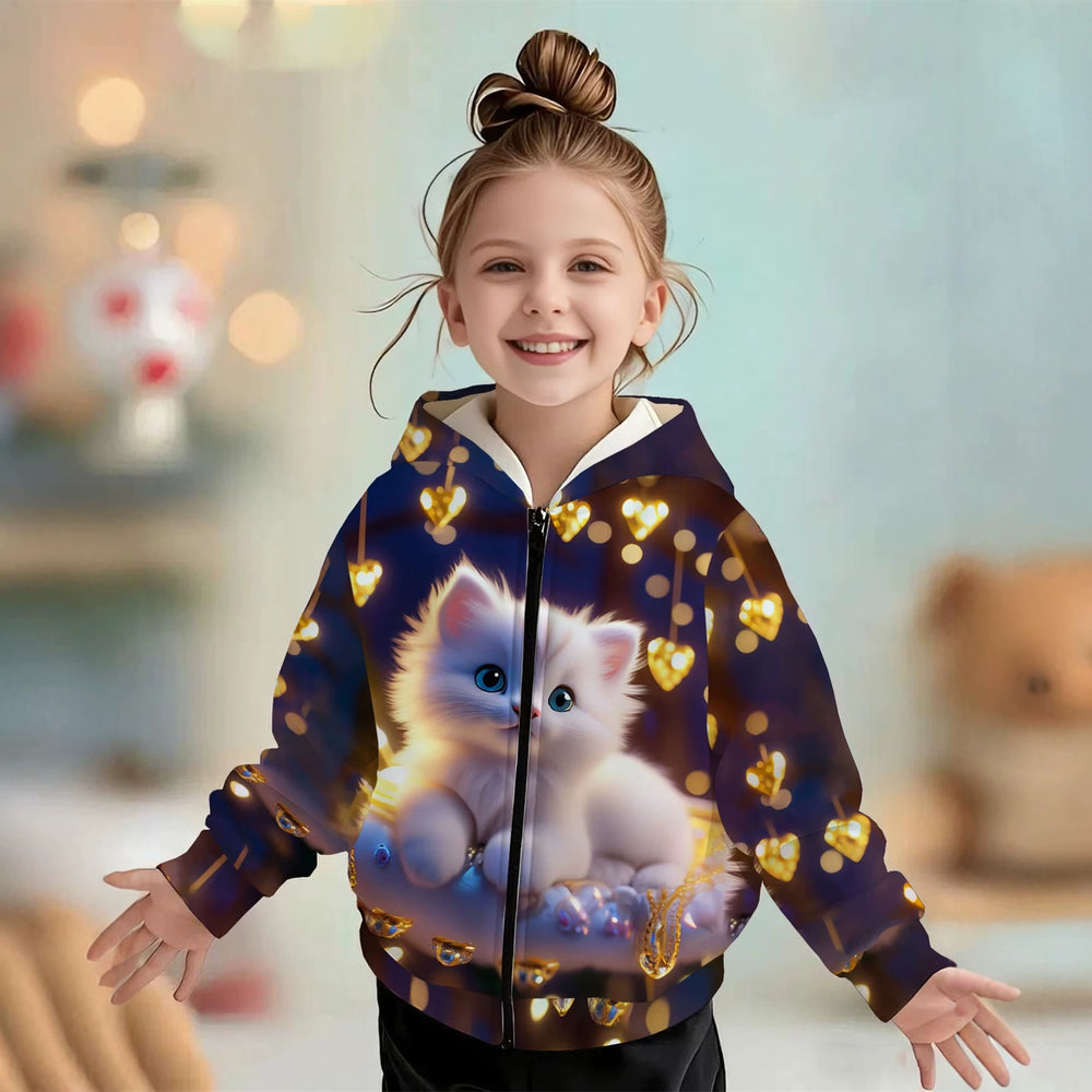 Kids' hoodie jacket, cross-border hot seller: cute cartoon print fashion zip-up hoodie for girls, dropshipping available